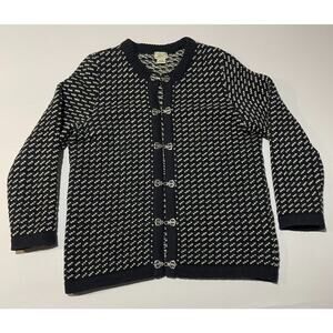 LL Bean Women Large Navy Blue Sweater Nordic Birdseye Wool Metal Clasp Cardigan